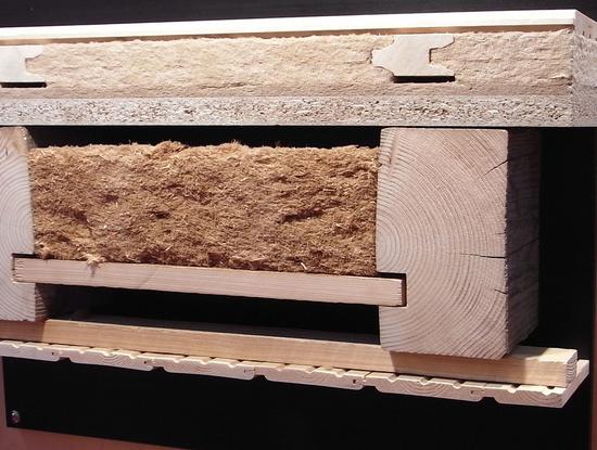 Aufbau einer Holzbalkendecke mit Dämmung
Das Muster zeigt eine sehr praktische Methode zum Aufbau einer Holzbalkendecke. Wichtig ist hier der richtige Aufbau der Trittschalldämmung.