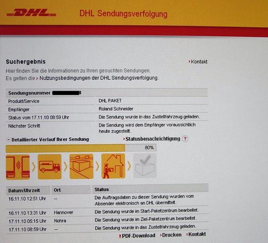 Sendungsverfolgung bei DHL
Der Weg einer Sendung vom Versender bis zum Empfänger kann über das Internet relativ zeitnah verfolgt werden. Meine bestellte Ware brauchte einige Tage, bis sie beim Lieferanten